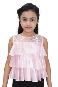 Tiny Girl Round Neck Short Sleeves Pink Shimmer & Three Layers Design Top