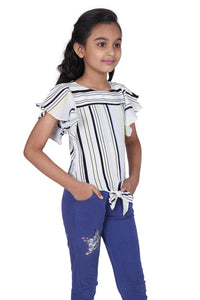 Tiny Girl Round Neck Cap Sleeve Strip Printed Top