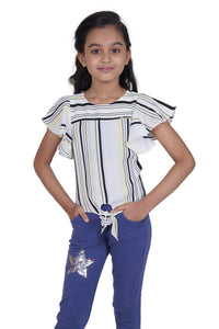 Tiny Girl Round Neck Cap Sleeve Strip Printed Top