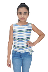 Tiny Girl Top With Green Strip With Sleeveless Cut & Knot Details