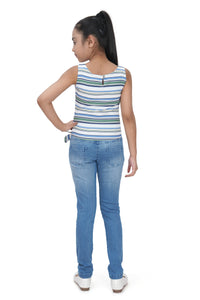 Tiny Girl Top With Green Strip With Sleeveless Cut & Knot Details