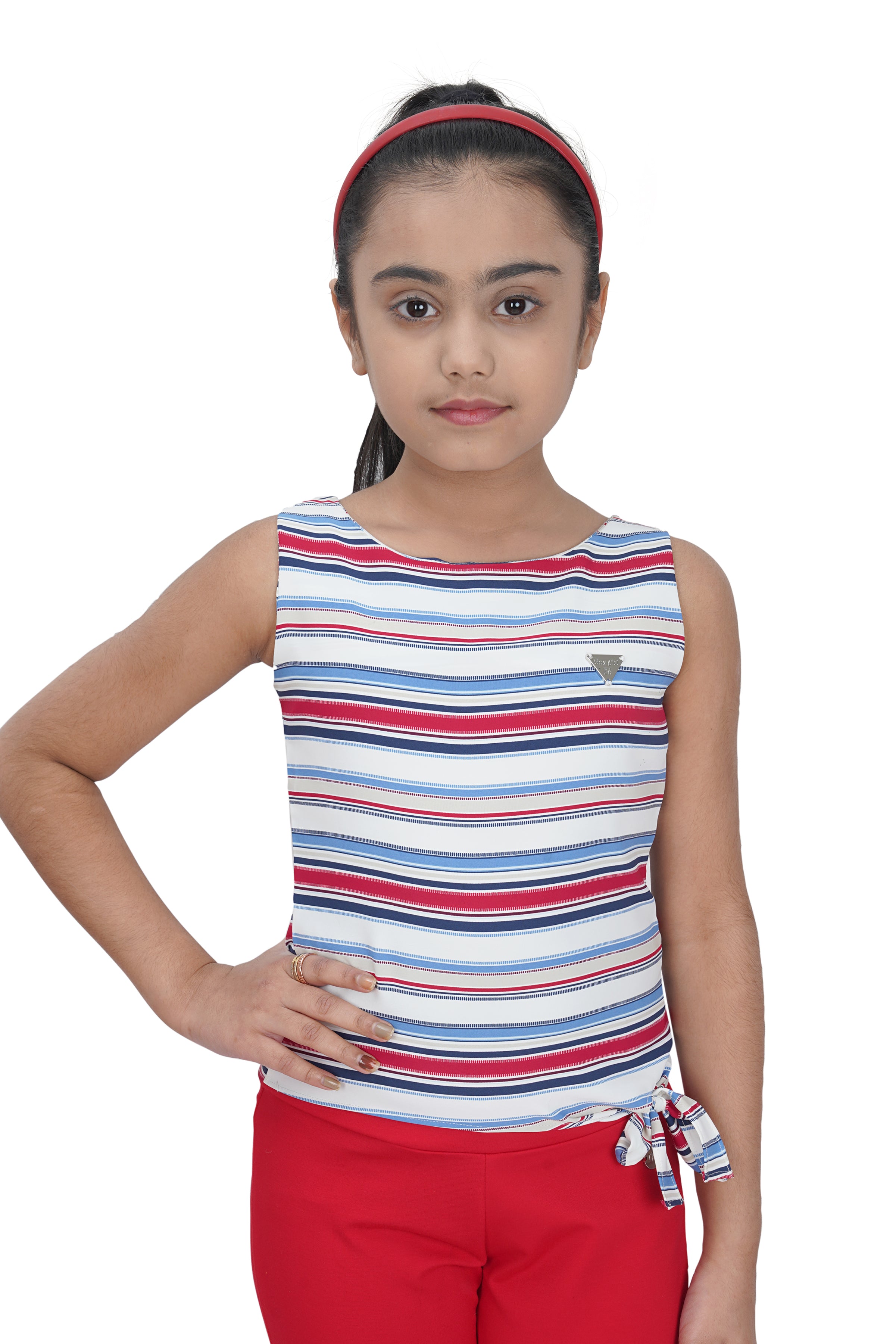 Tiny Girl Top With Red Strip With Sleeveless Cut & Knot Details