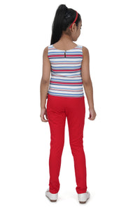 Tiny Girl Top With Red Strip With Sleeveless Cut & Knot Details