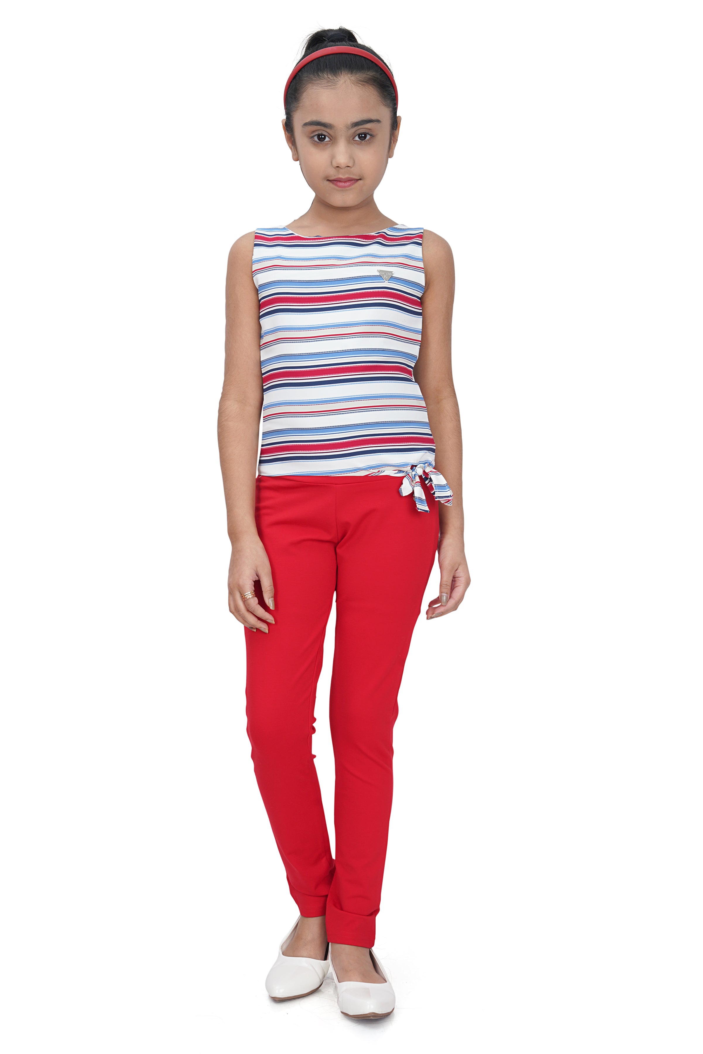 Tiny Girl Top With Red Strip With Sleeveless Cut & Knot Details