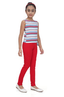 Tiny Girl Top With Red Strip With Sleeveless Cut & Knot Details