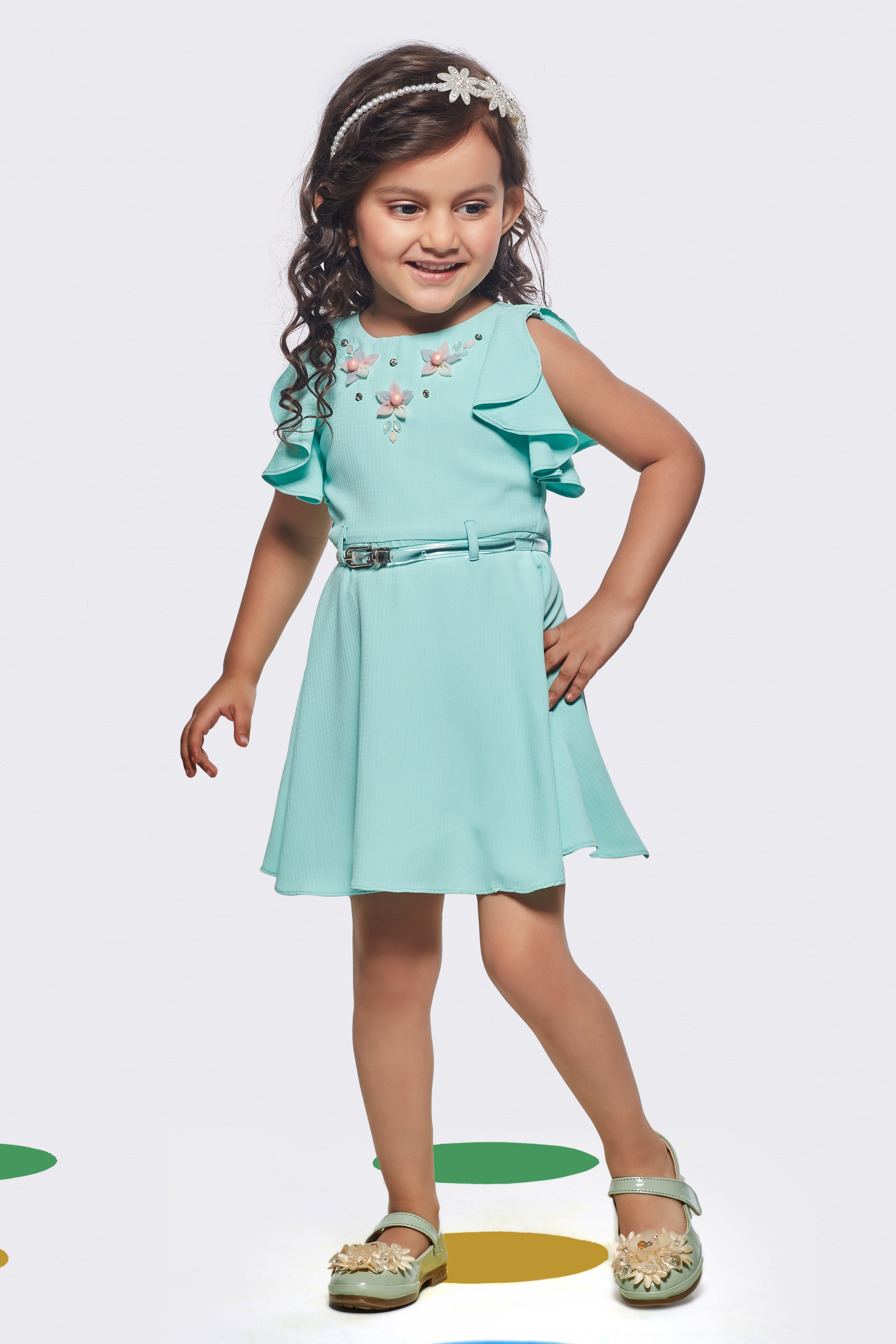 Tressel Kids Round Neckline Flare Pattern Sleeves Midi Dress