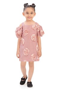 Rust Pink Self-Textured Square Neck Ruffle Sleeve Dress with Floral Design