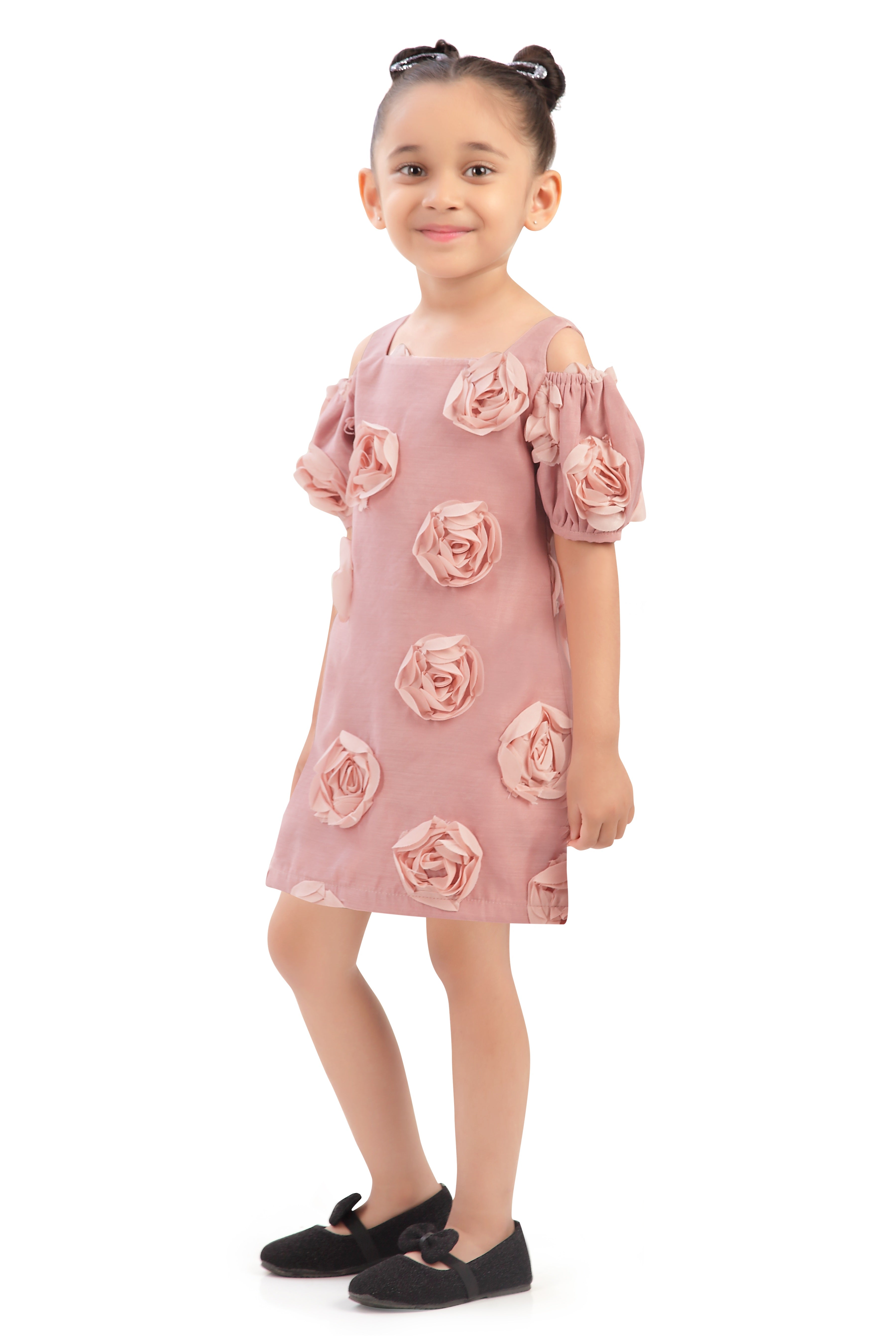 Rust Pink Self-Textured Square Neck Ruffle Sleeve Dress with Floral Design