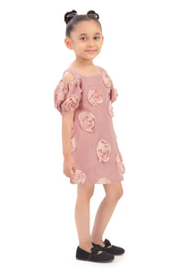 Rust Pink Self-Textured Square Neck Ruffle Sleeve Dress with Floral Design