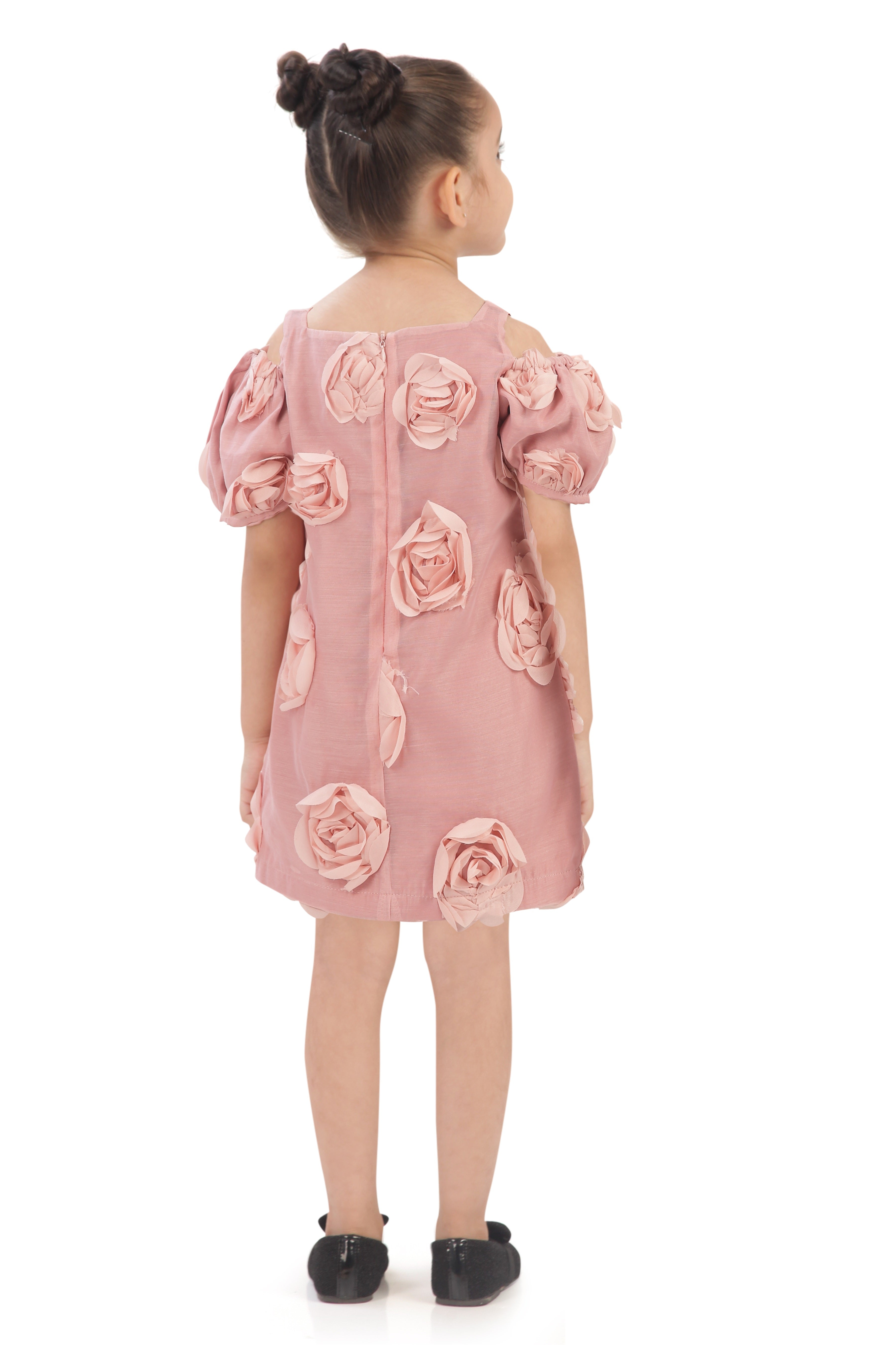 Rust Pink Self-Textured Square Neck Ruffle Sleeve Dress with Floral Design