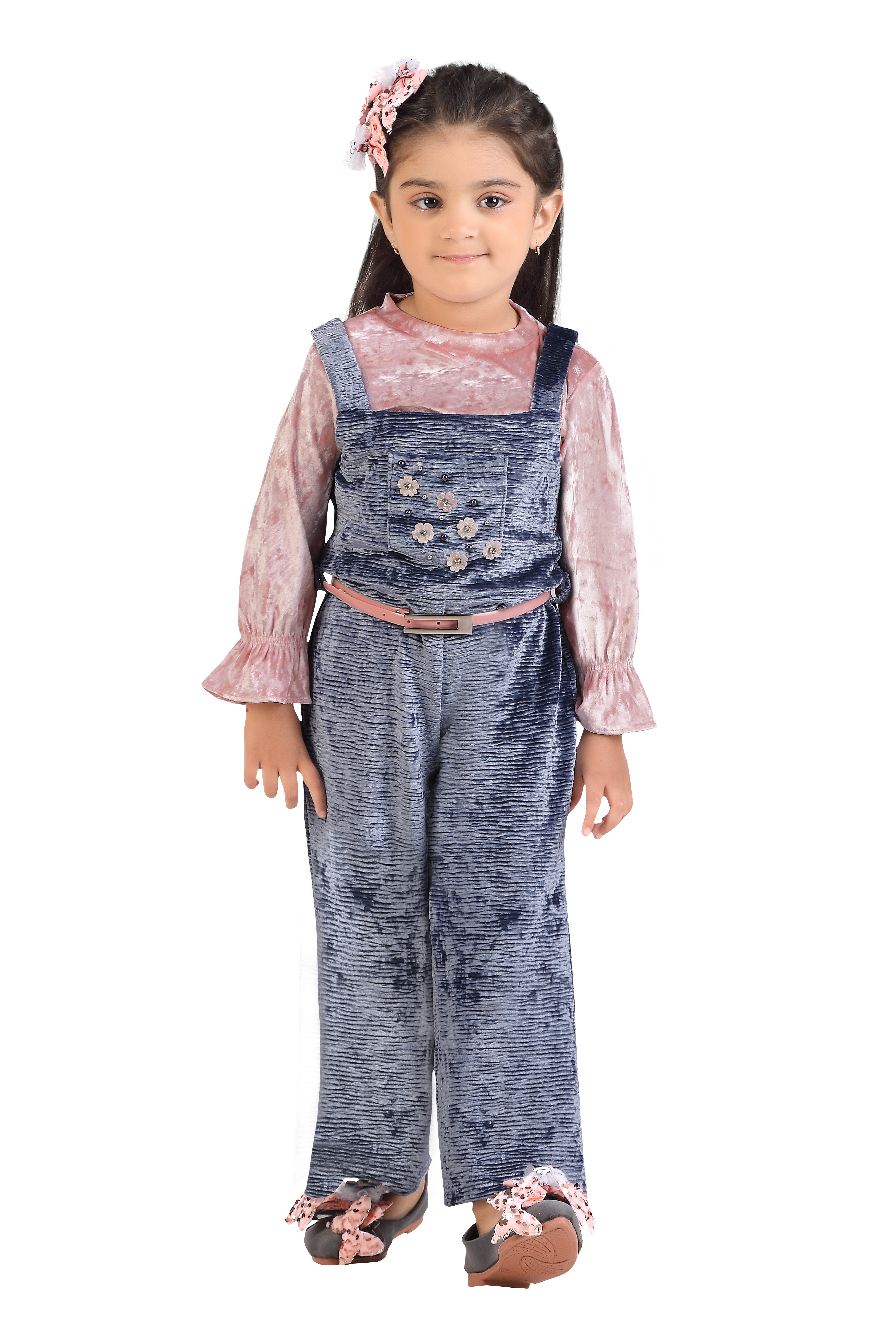 Tressel Kids Peach Velvet Inner Full Sleeves & Turquoise Blue Pinafore Pant