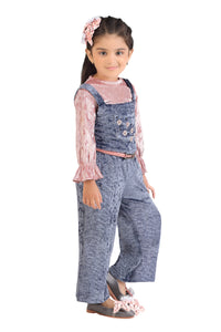 Tressel Kids Peach Velvet Inner Full Sleeves & Turquoise Blue Pinafore Pant