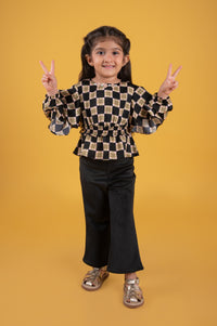 Tressel Kids Checked Ruffles Full Sleeves Peplum Top & Bootcut Pant