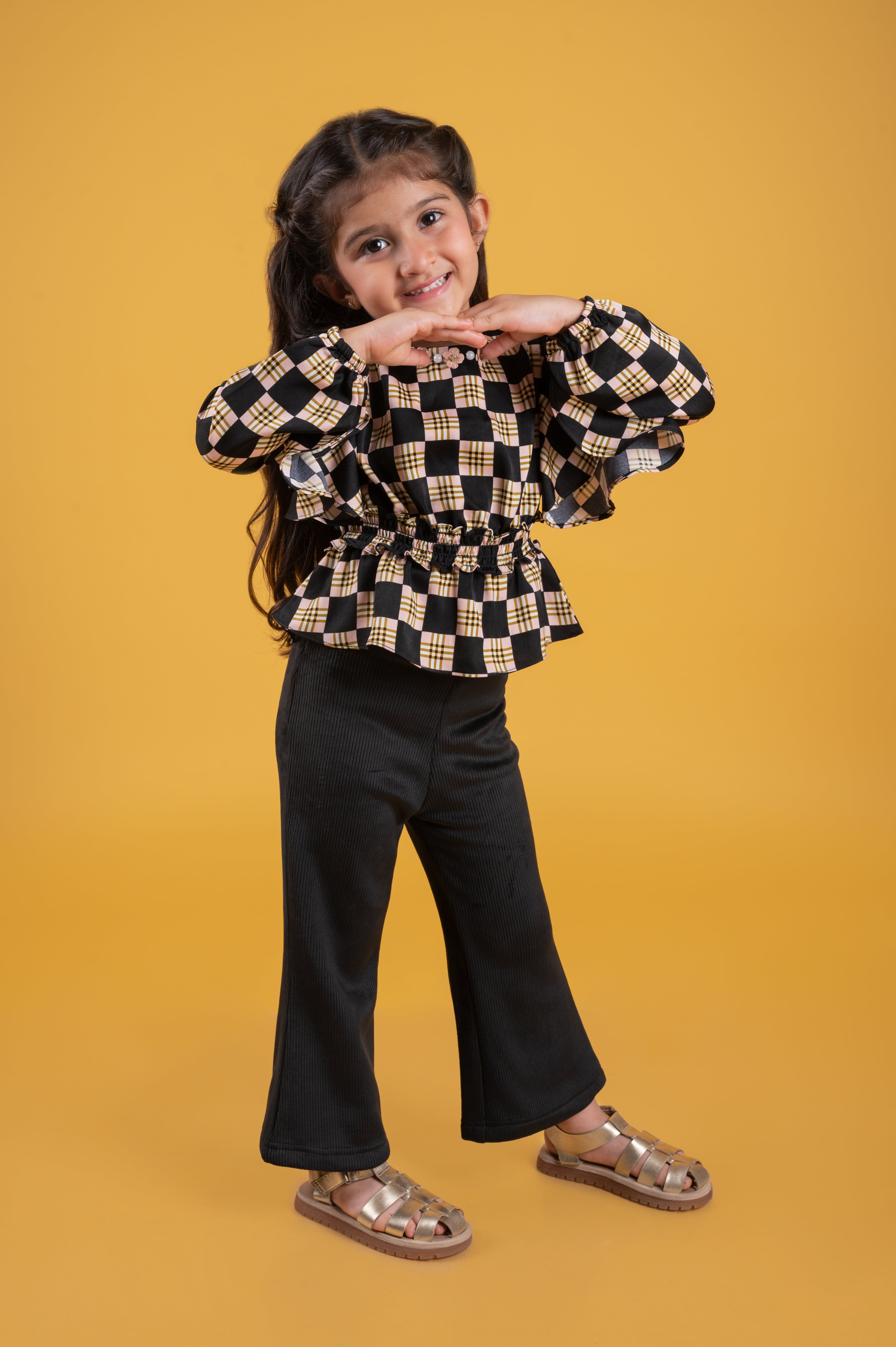 Tressel Kids Checked Ruffles Full Sleeves Peplum Top & Bootcut Pant