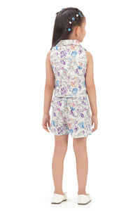 Floral Printed Skort Set with Collar & Button Opening