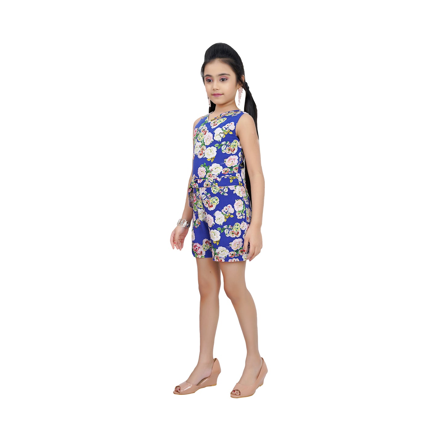 Sleeveless Royal Blue  Floral Short Dungaree With Belt