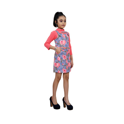 Tomato Red Rose Checks Pinafore With Long Sleeve And Detailed Neckline