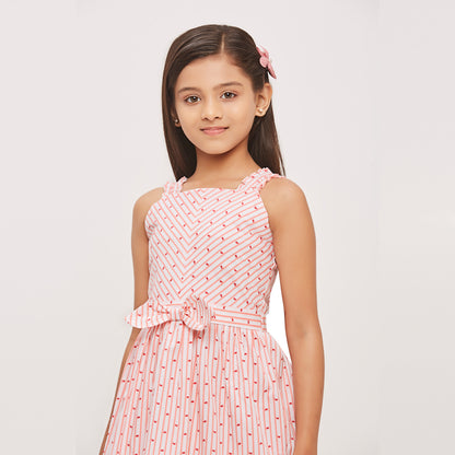 Peach Cotton Sleeveless Stripe Frock With Attachble Boe On Belt