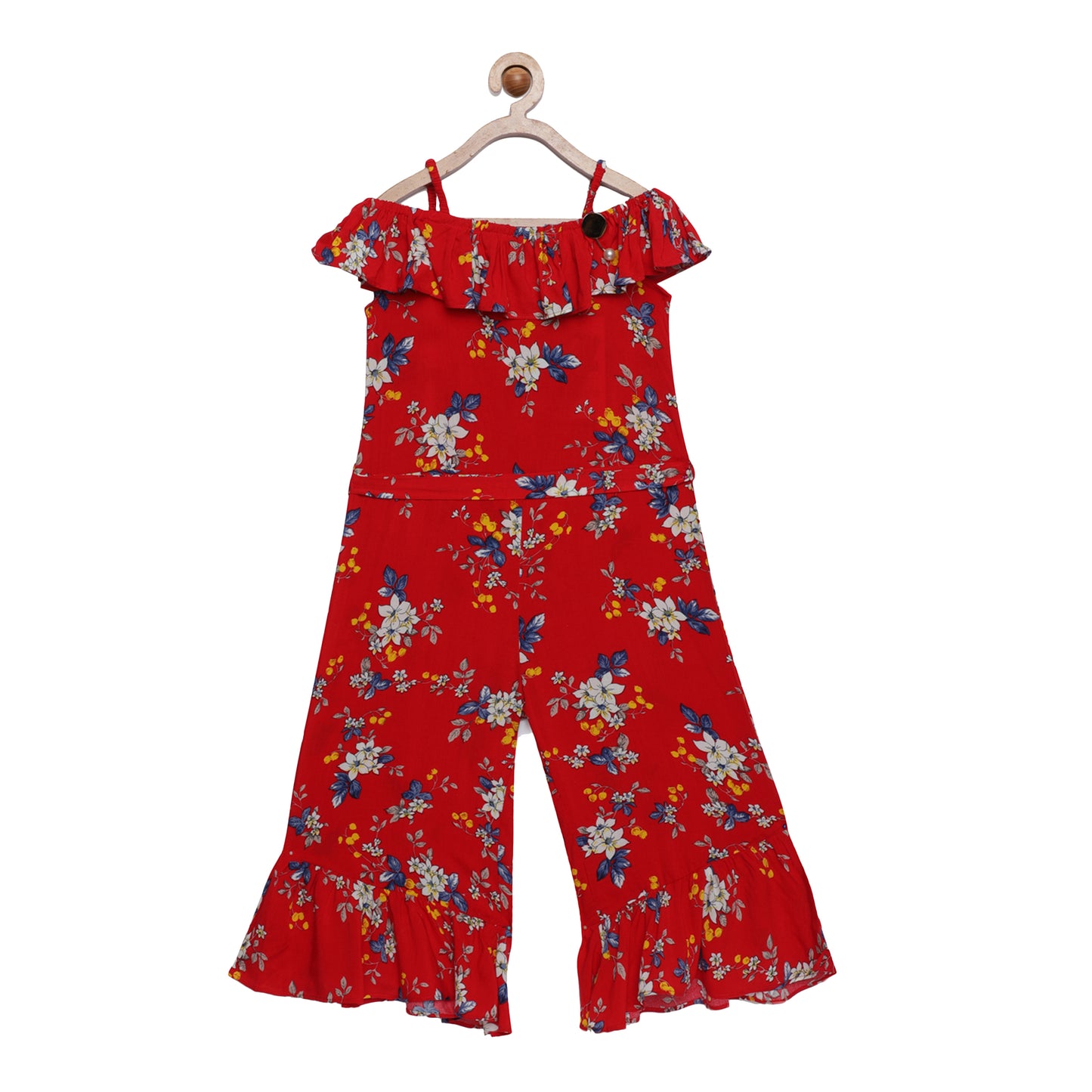 Warli Print 3/4Th Red Jumpsuit With Cold Shoulders And Tie-Up Belt
