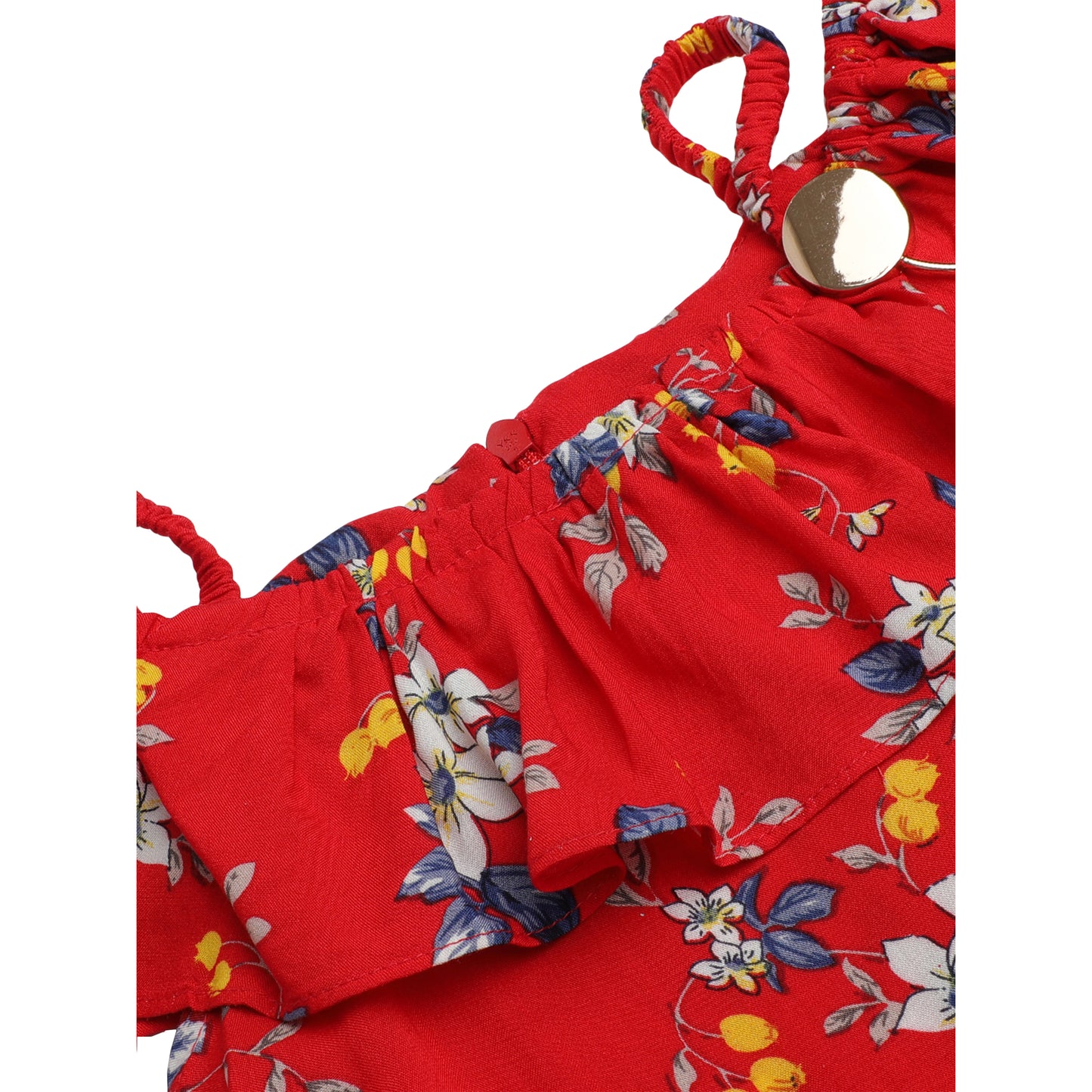 Warli Print 3/4Th Red Jumpsuit With Cold Shoulders And Tie-Up Belt