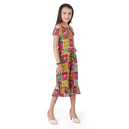 Warli Print 3/4Th Rani Jumpsuit With Cold Shoulders And Tie-Up Belt
