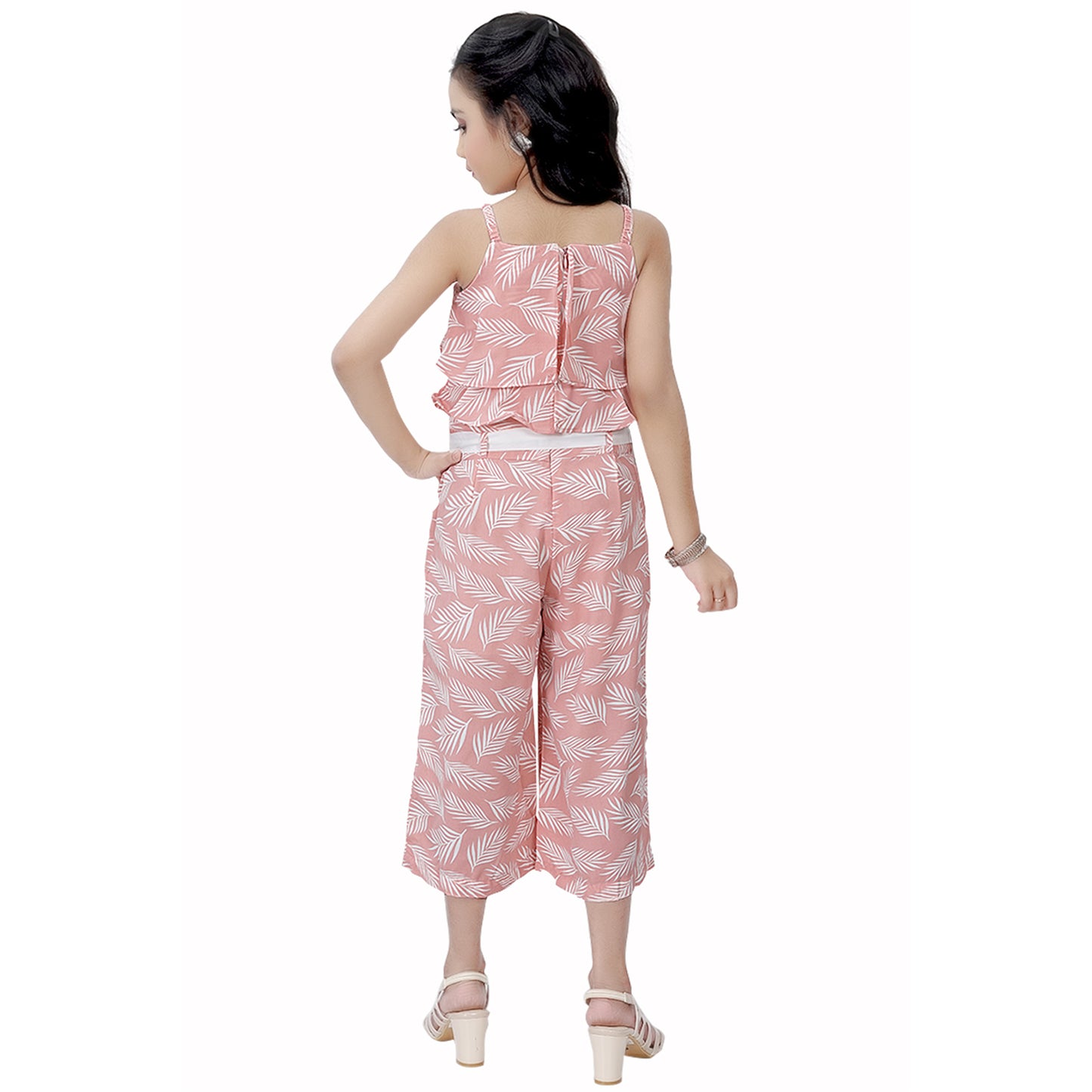 Sleevless Leaf Printed Onion Pink Jumpsuit With Ruffle Top And Belt
