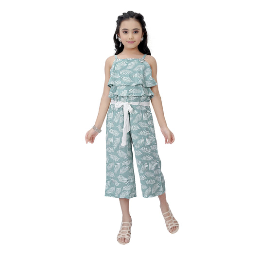 Sleevless Leaf Printed Green Jumpsuit With Ruffle Top And Belt