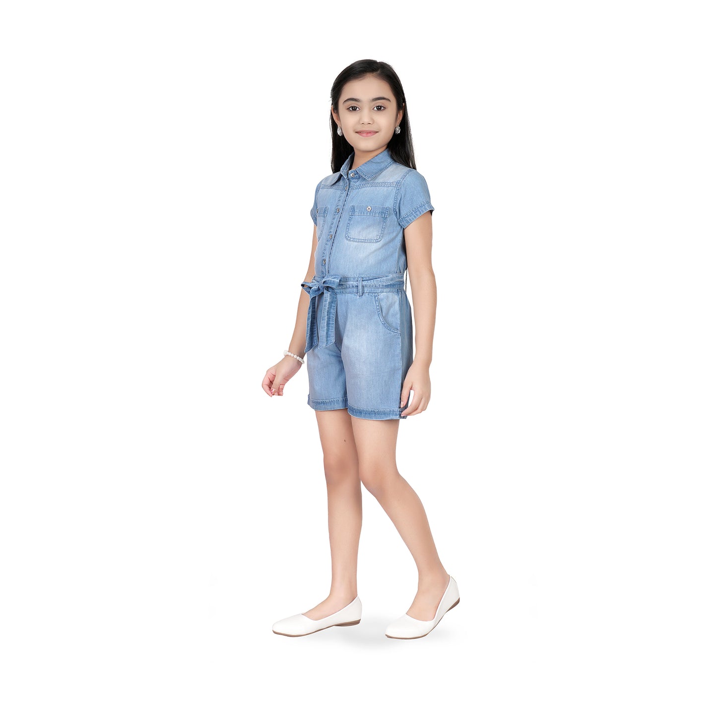 Denim Comfort Fit Dungaree With Knot Belt And Cap Sleeve