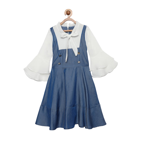 Faux Pinafore Midi Dress With Bow Neck And 3/4Th Ruffle Sleeves