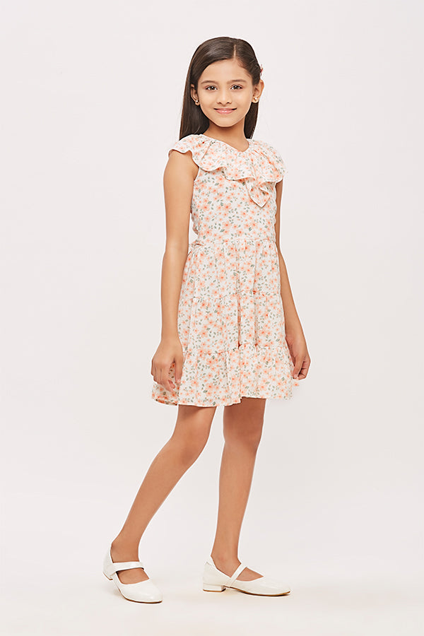 Tiny Girl  Sleeveless Frill Collar All Over Floral Print Midi Dress - Peach