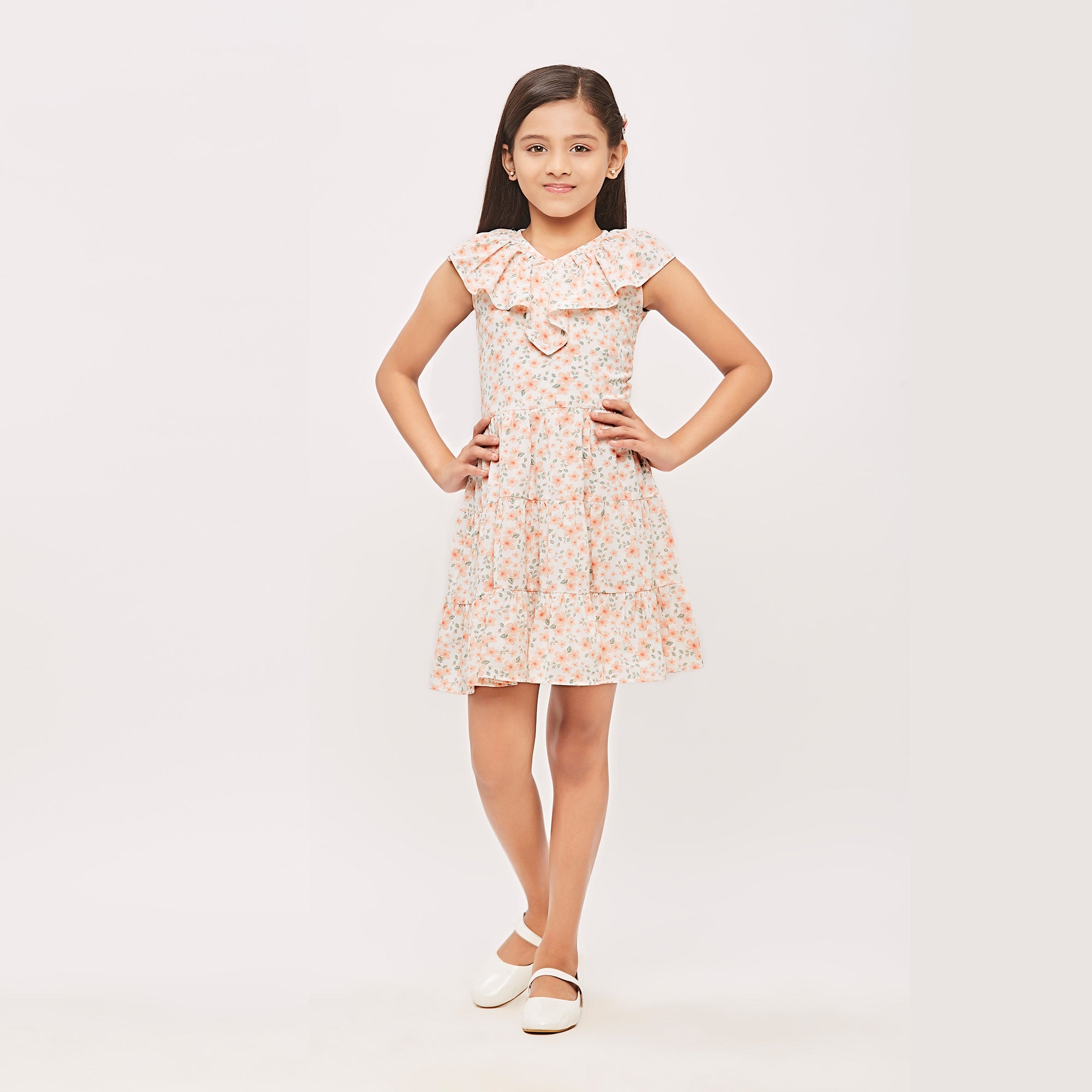 Tiny Girl  Sleeveless Frill Collar All Over Floral Print Midi Dress - Peach