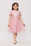 Tiny Girl  Half Sleeves Glitter Star Print Midi Dress - Pink