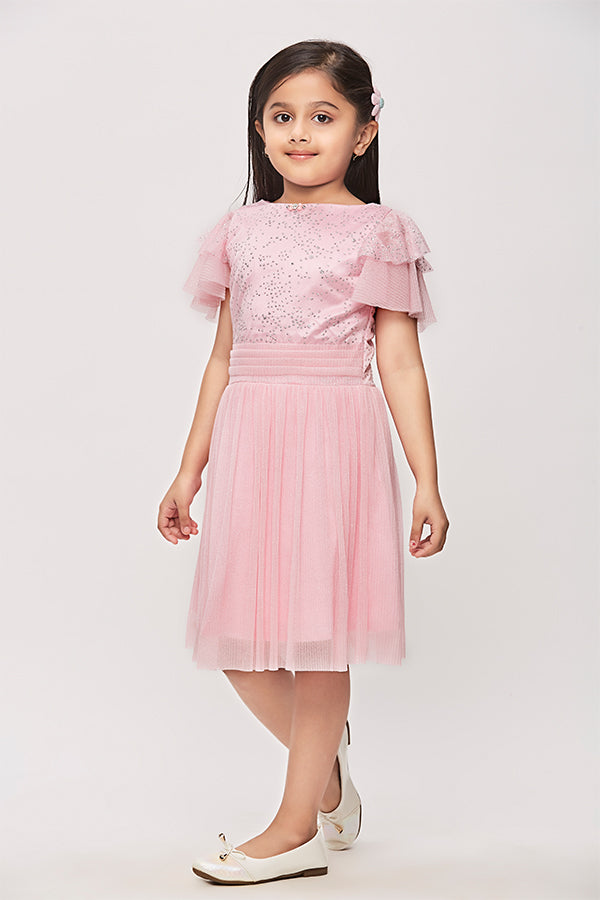 Tiny Girl  Half Sleeves Glitter Star Print Midi Dress - Pink