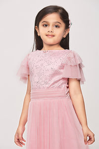 Tiny Girl  Half Sleeves Glitter Star Print Midi Dress - Pink