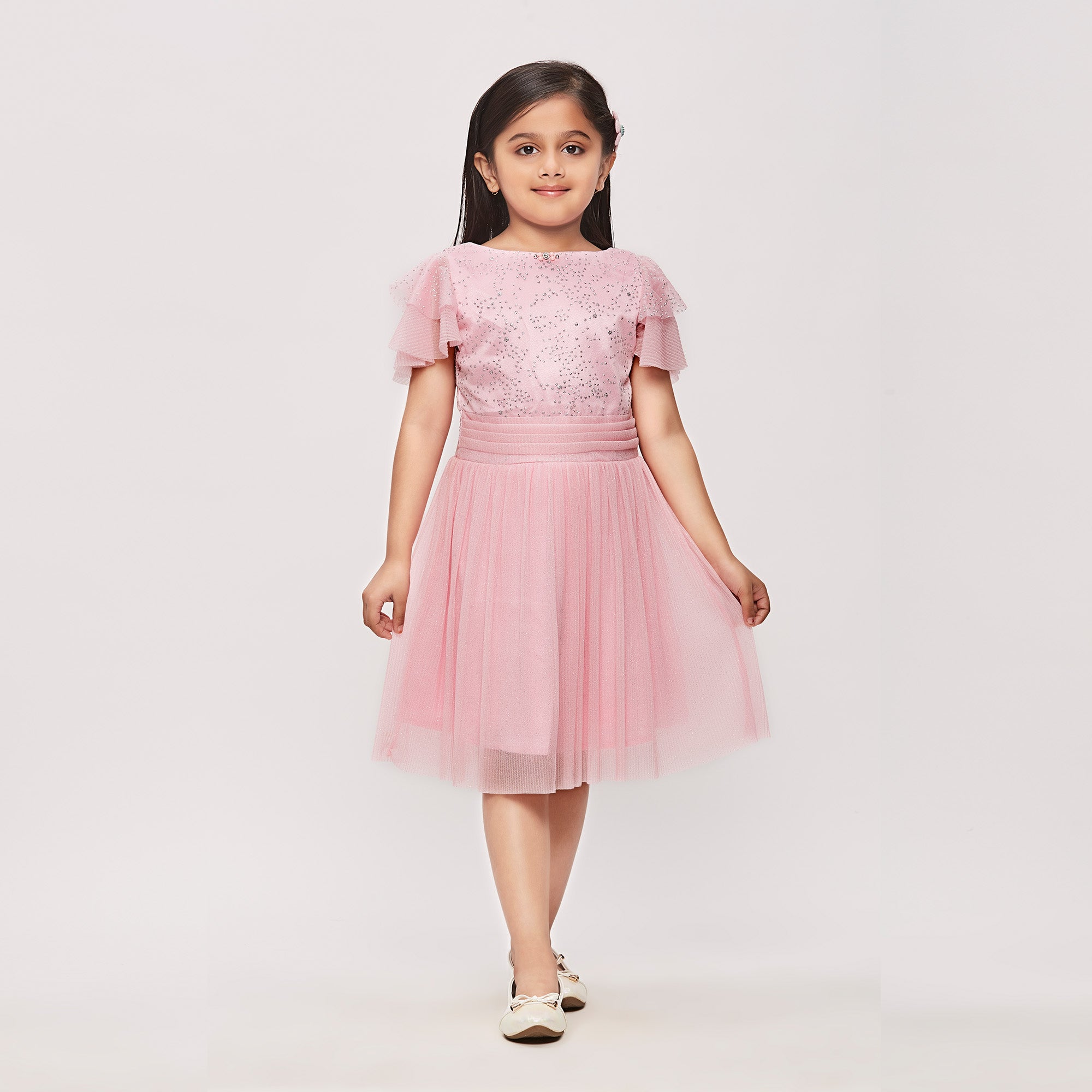 Tiny Girl  Half Sleeves Glitter Star Print Midi Dress - Pink