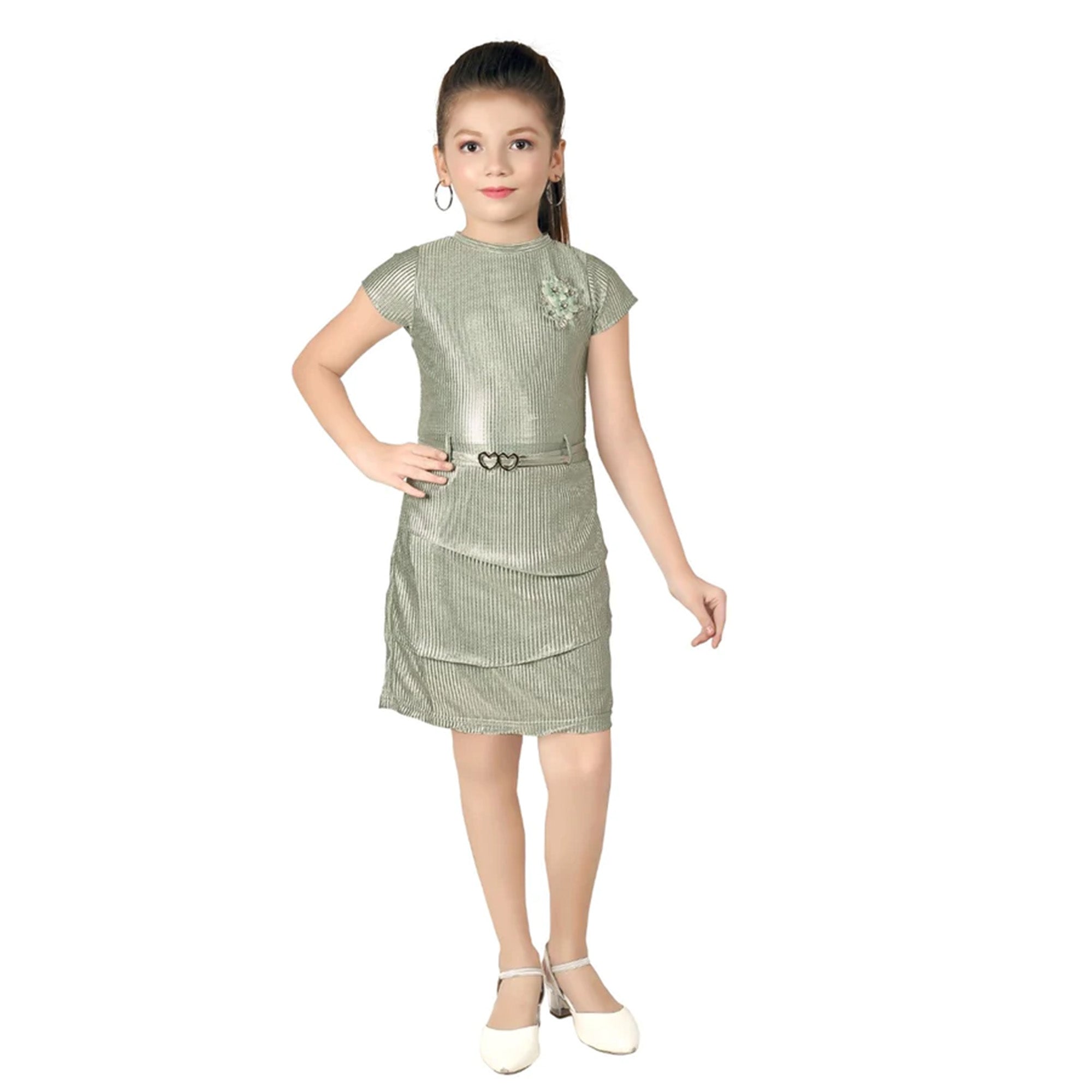 Tiny Girl Textured Metallic With Floral Brooch And Belt Midi Dress - Green