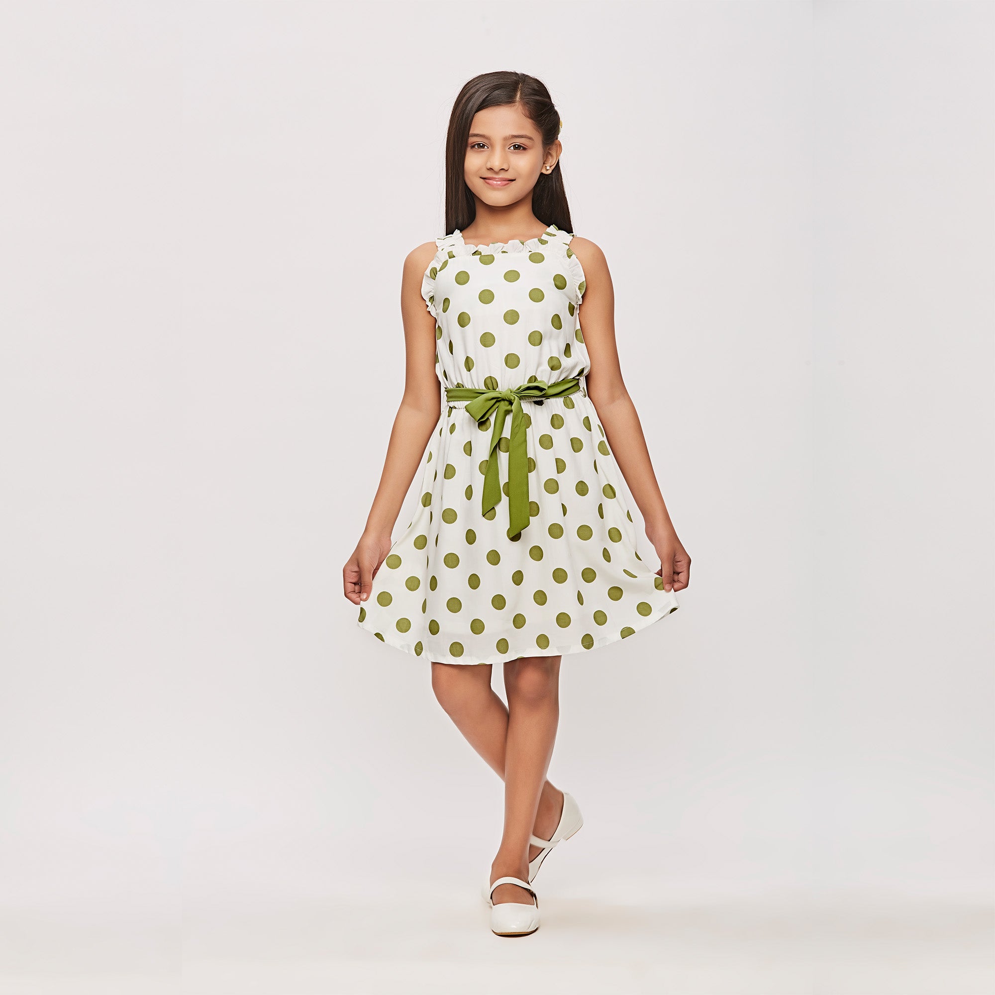 Tiny Girl Sleeveless Polka Dot Midi Dress - Green