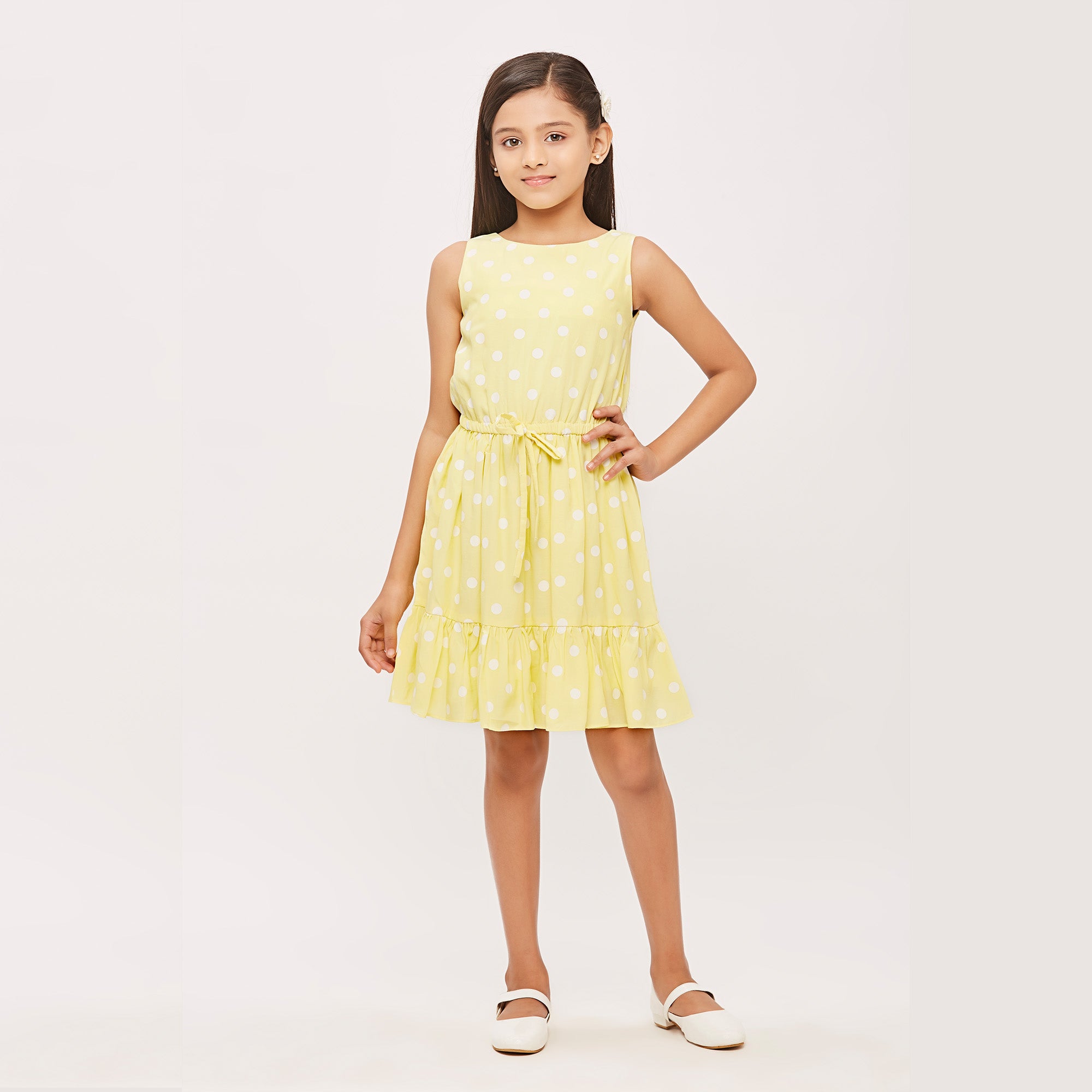 Tiny Girl Sleeveless Polka Dot Midi Dress - Lemon