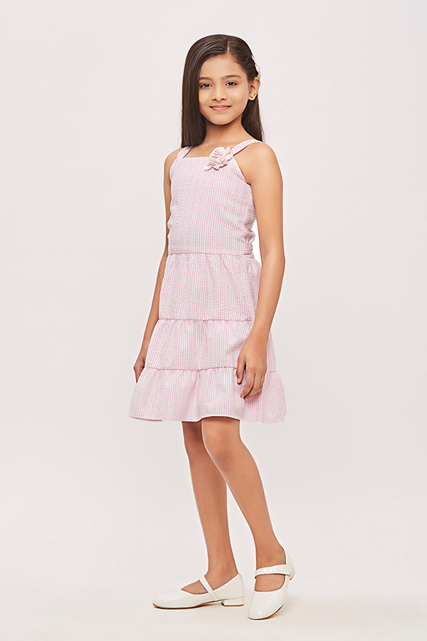 Tiny Girl Sleeveless Pink Stripe Printed Midi Dress - Pink