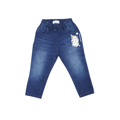 Denim Mid Rise Jeggings With Unicorn Patch Detailing And Pockets
