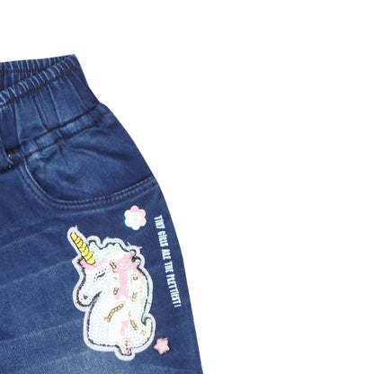Denim Mid Rise Jeggings With Unicorn Patch Detailing And Pockets