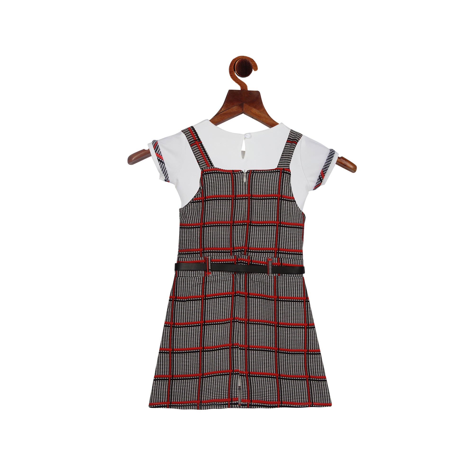 Red  Crisscross Checks Pinafore With Short Cap Sleeve