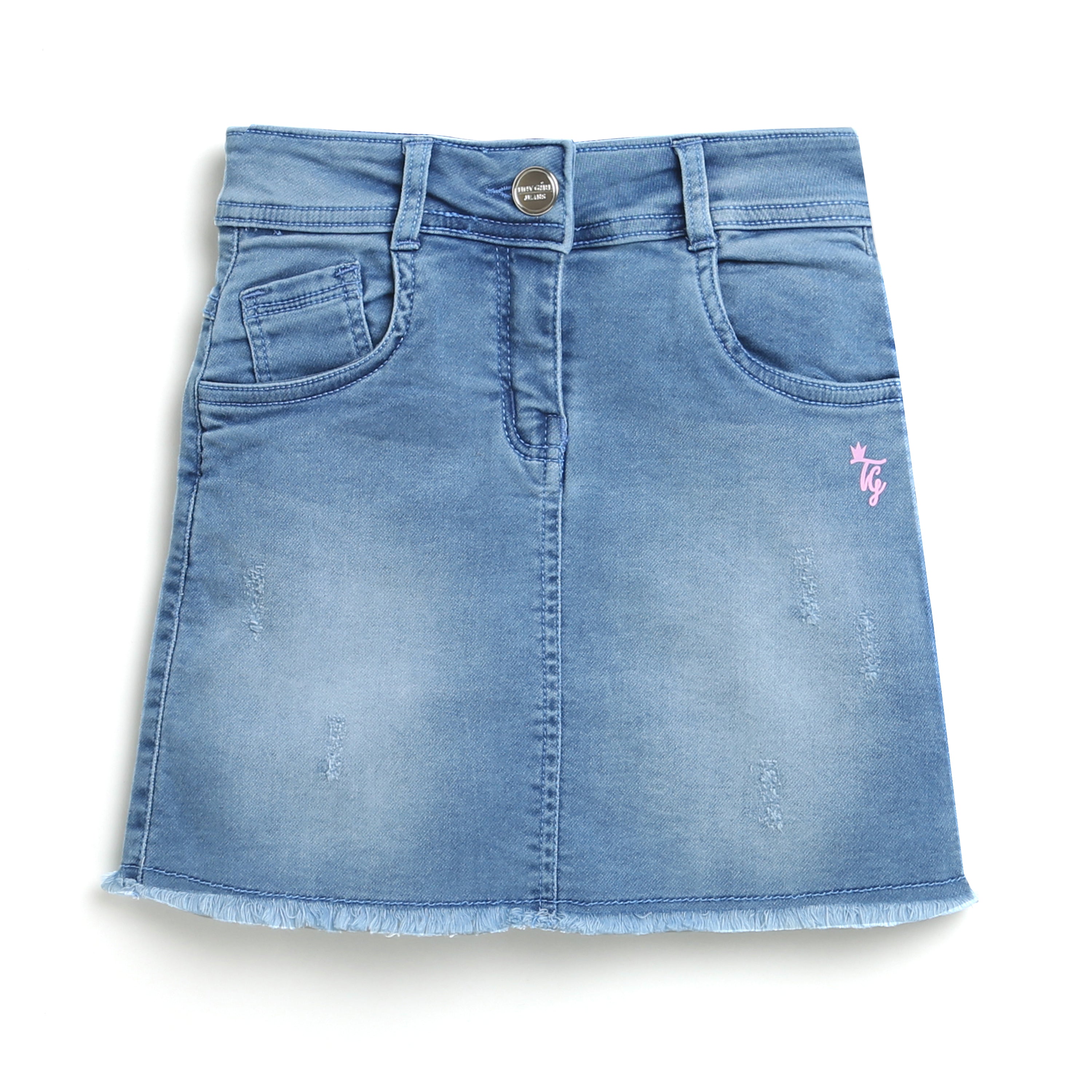 Classic Denim Skirt With Ripped Hemline With Pockets