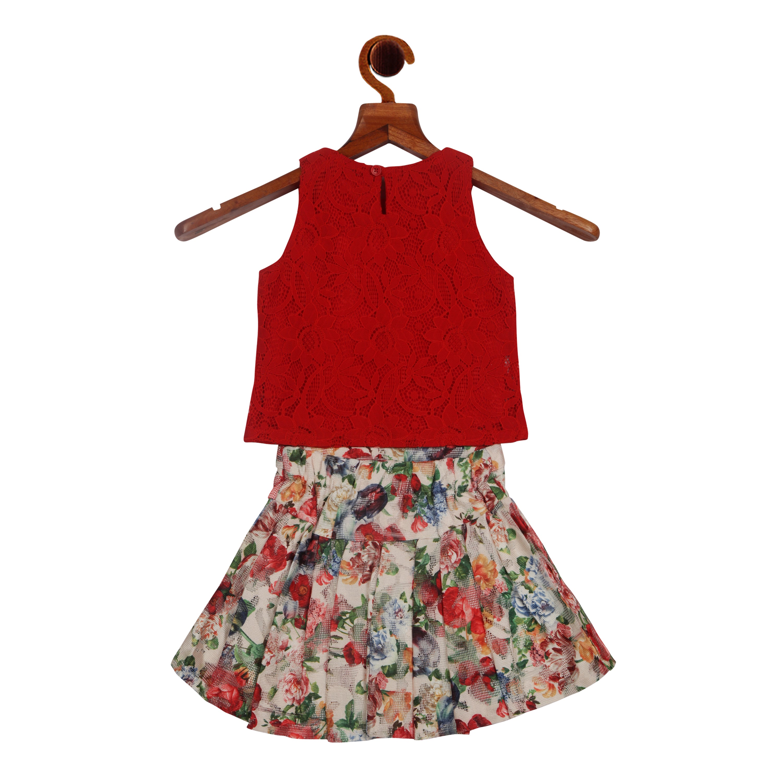 Floral Sleeveless Skirt Set With Lace Flower Detailing