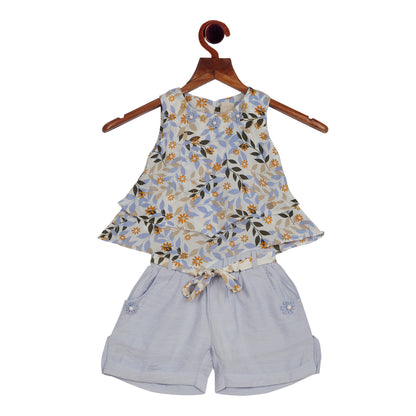 Leaf Print Sleevless Shorts Set With Ruffles Top And Belt
