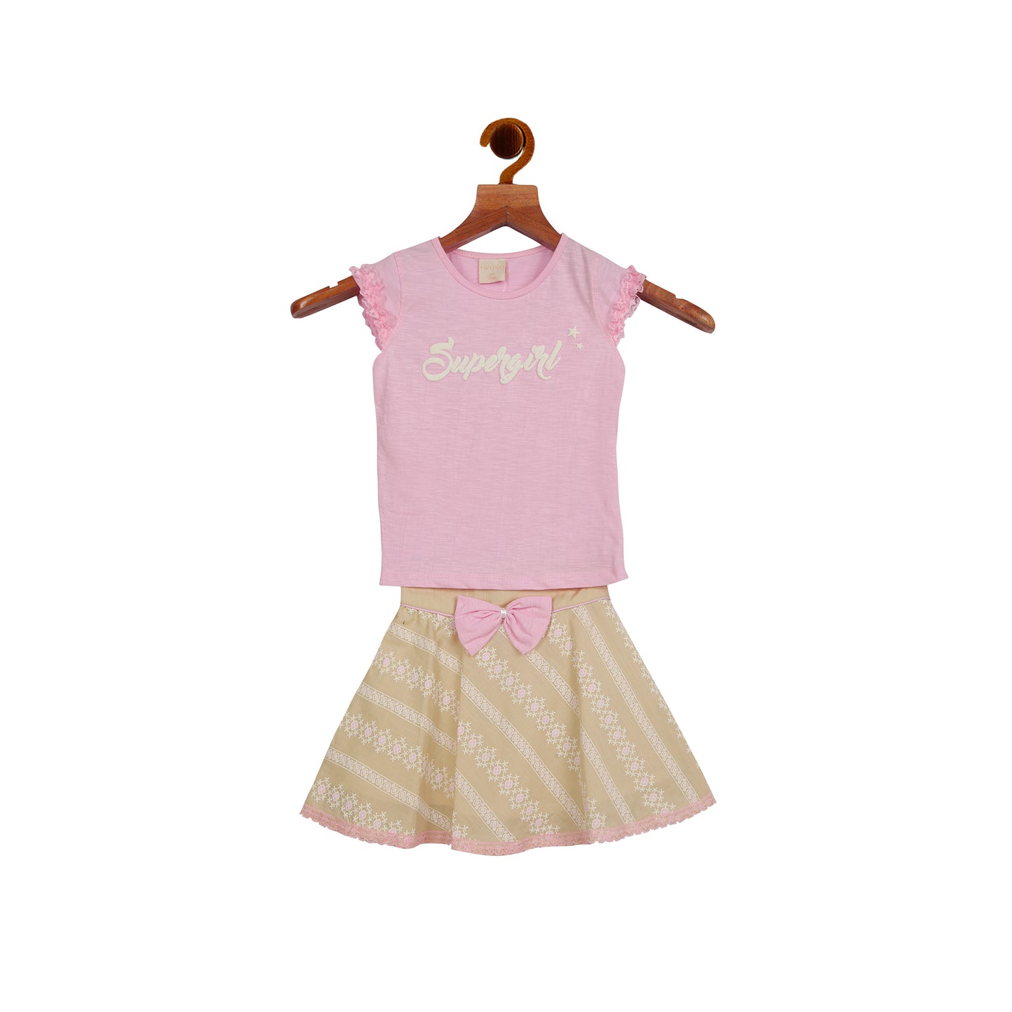 Fawn Skirt Set With Pink Ruffle Short Sleeve Top And Waist Bow Detailing