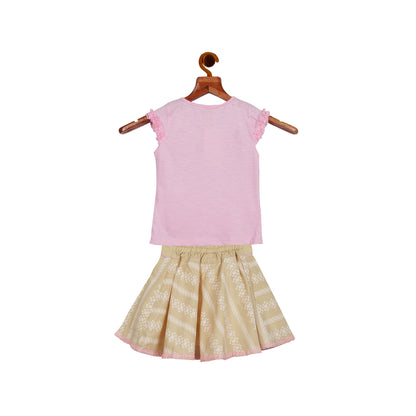 Fawn Skirt Set With Pink Ruffle Short Sleeve Top And Waist Bow Detailing