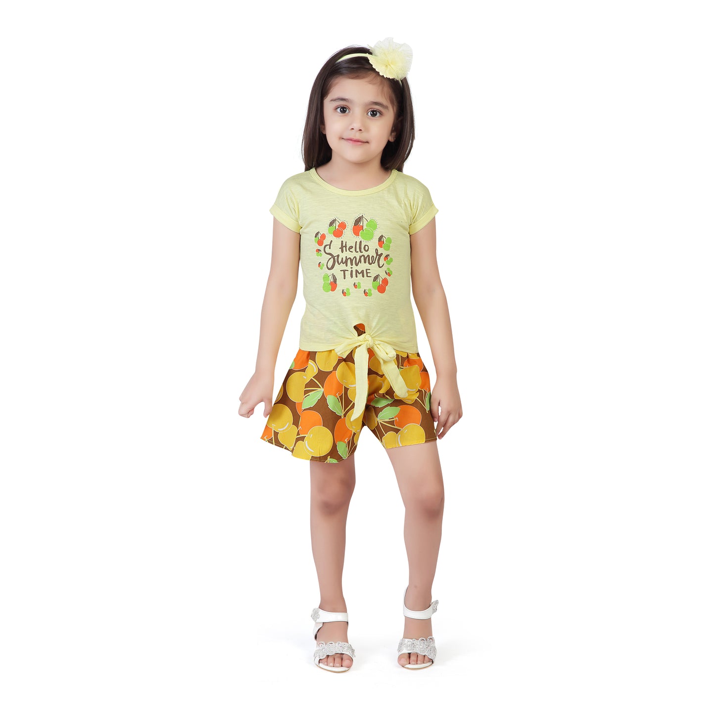 Polka Skater Yellow Skirt Set With Front Knot Cap Sleeve Top