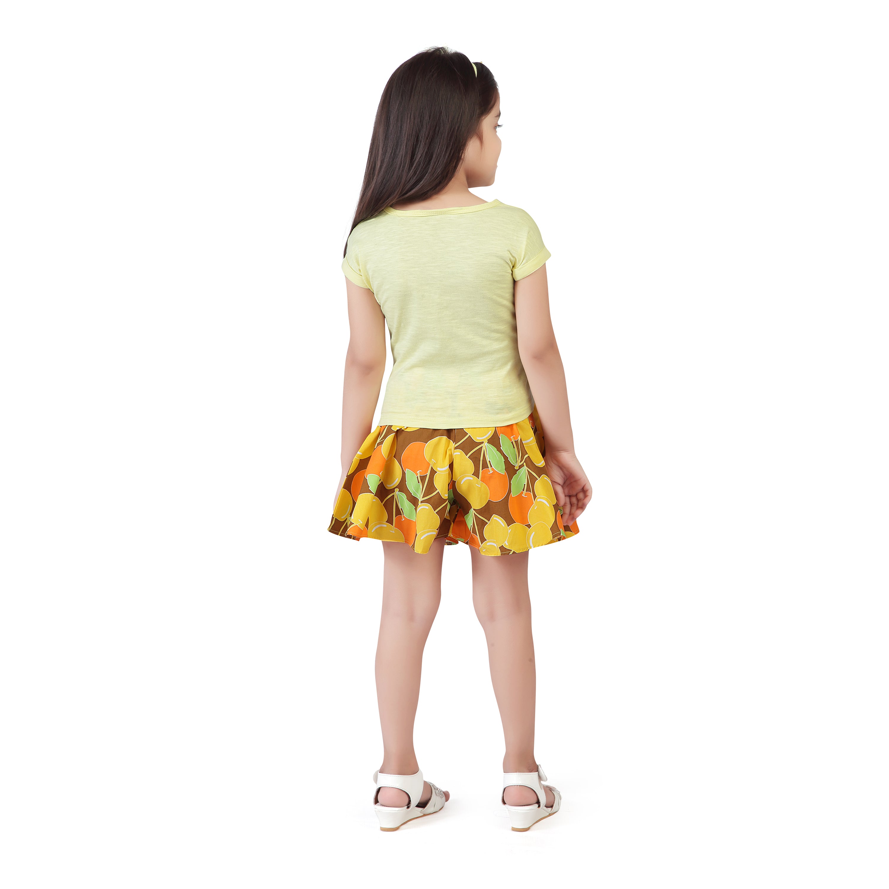Polka Skater Yellow Skirt Set With Front Knot Cap Sleeve Top