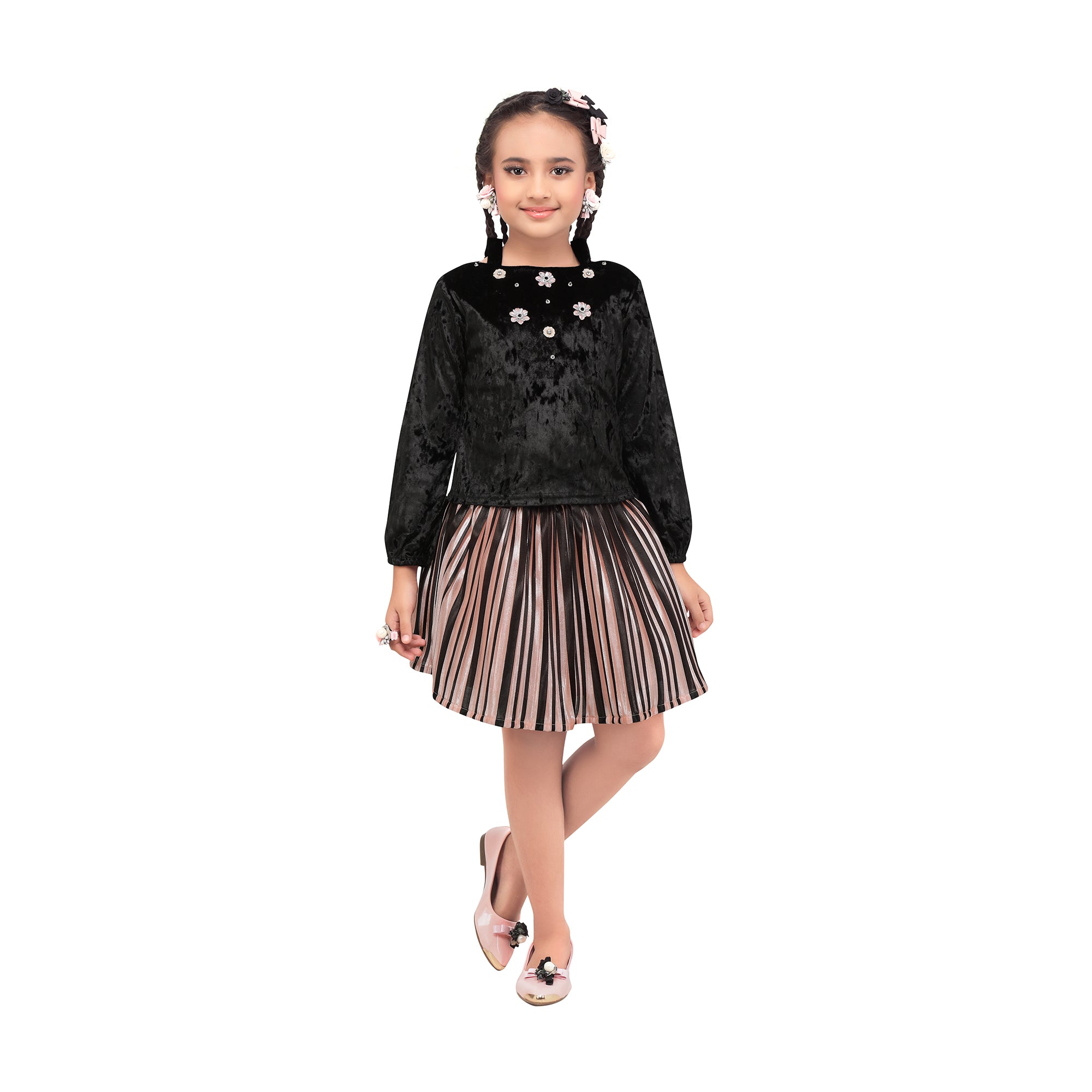 Velvet Cold Shoulder Long Sleeve Top With Pleated Skirt Set